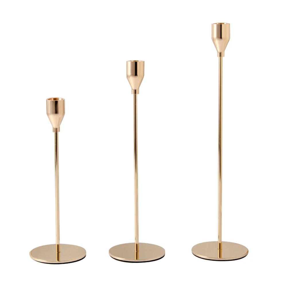 Set of 3 Gold Metal Candlestick Holders