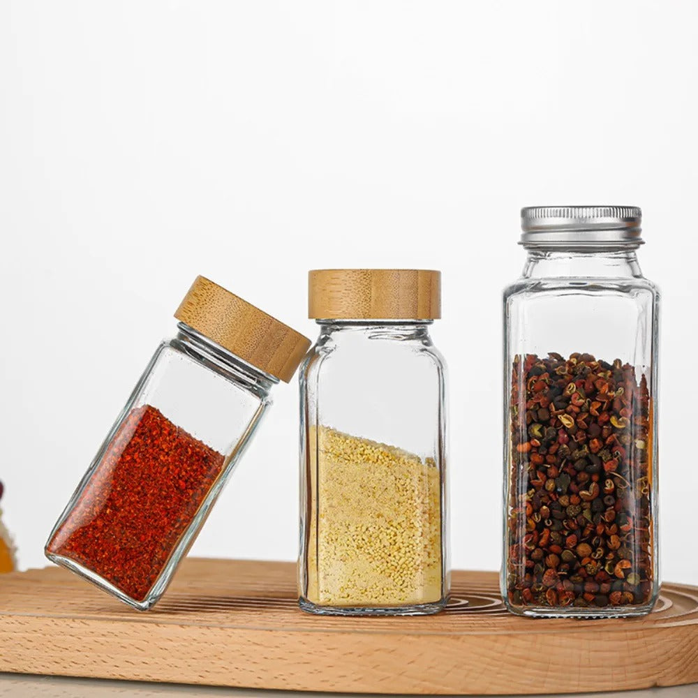 Square Glass Spice Jars HI with Bamboo Wood Lid